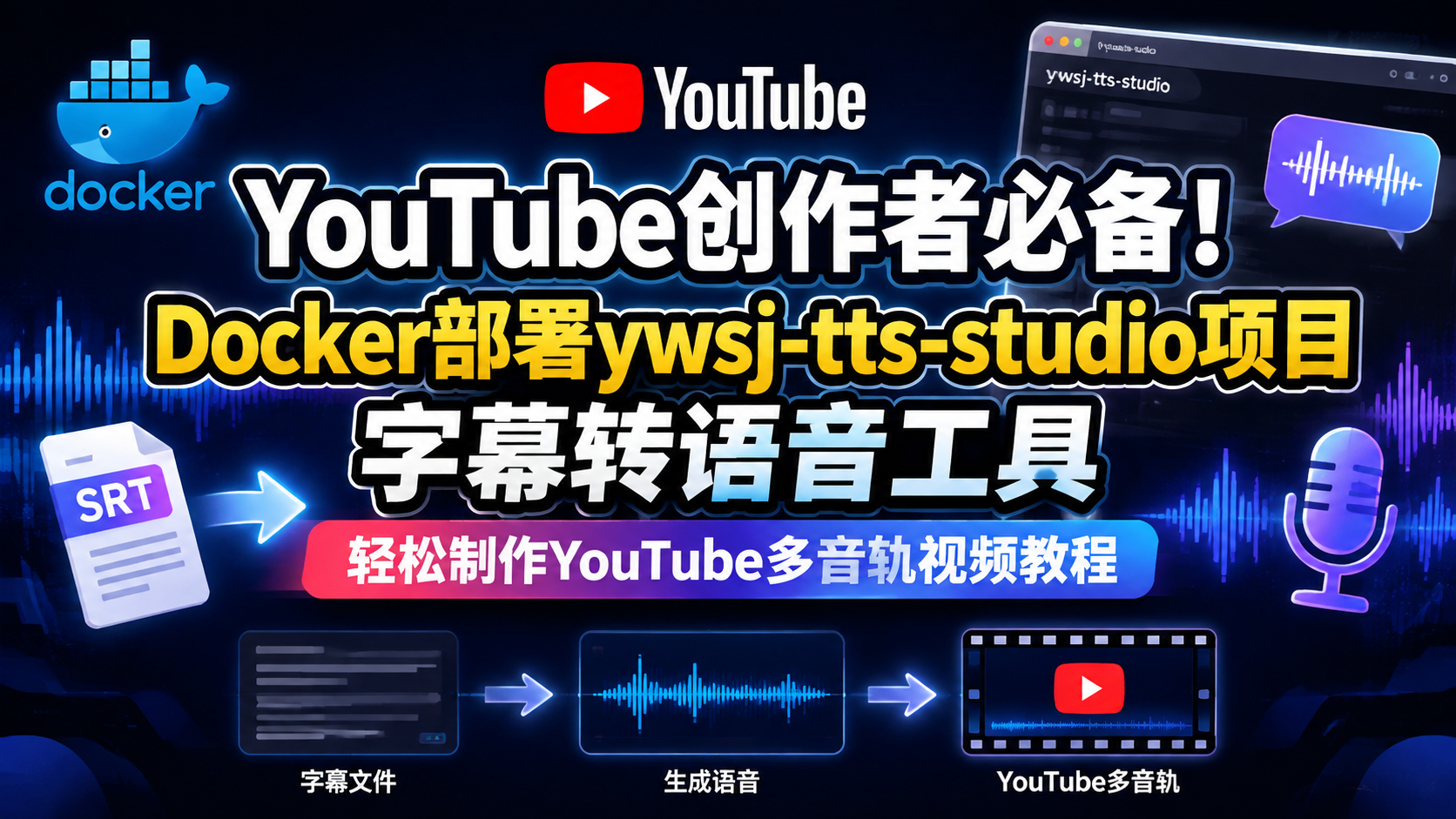 YouTube创作者必备！Docker部署ywsj-tts-studio项目,字幕转语音工具-轻松制作YouTube多音轨视频教程