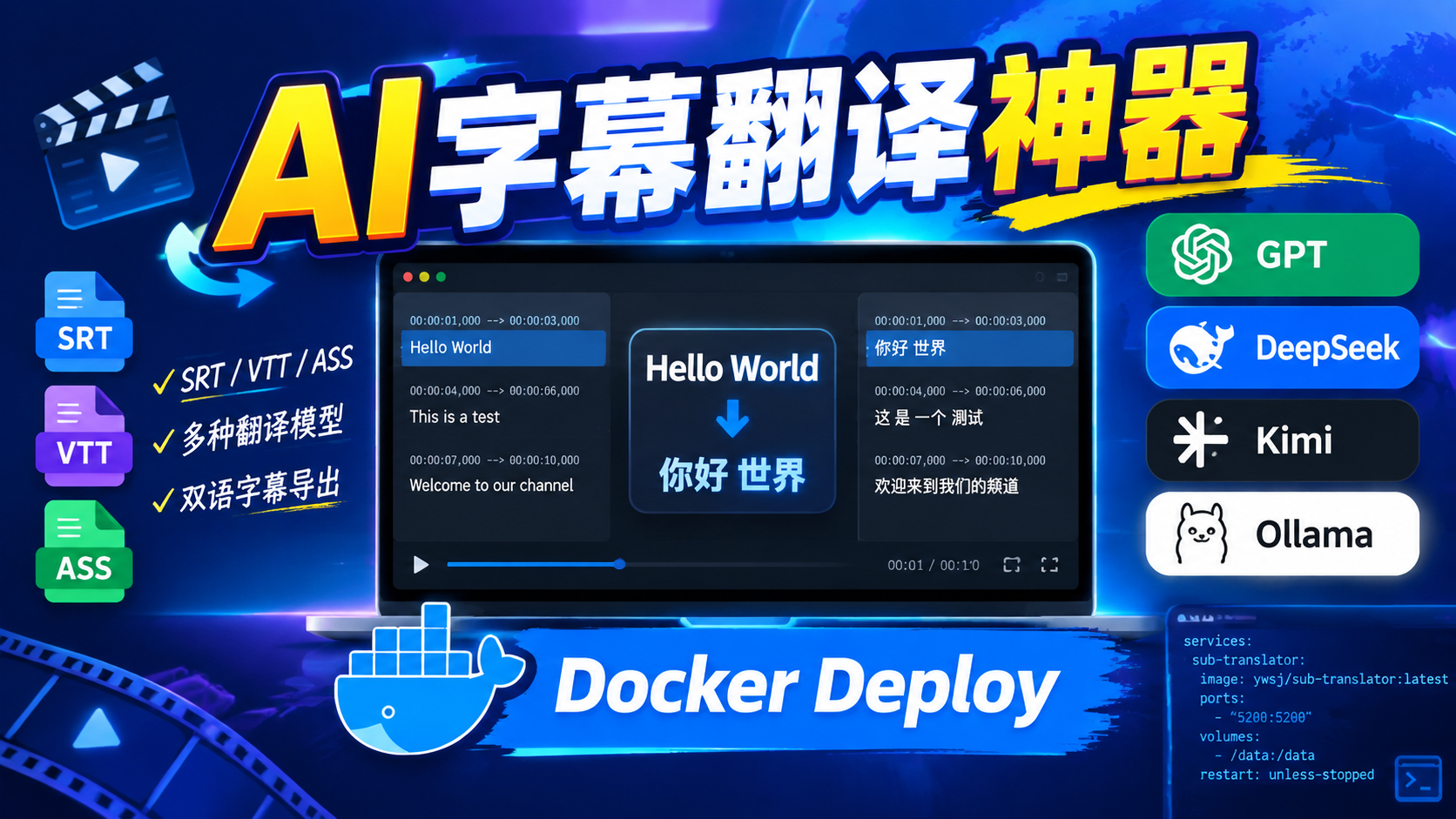 AI字幕翻译神器来了！Docker一键部署AI字幕翻译平台，支持GPT、DeepSeek、20+模型